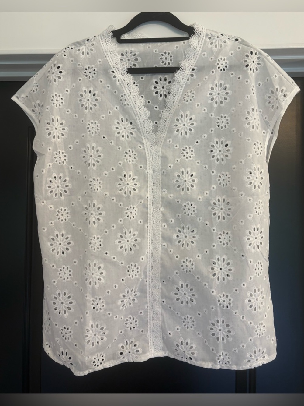 Women's White Eyelet V-Neck Top